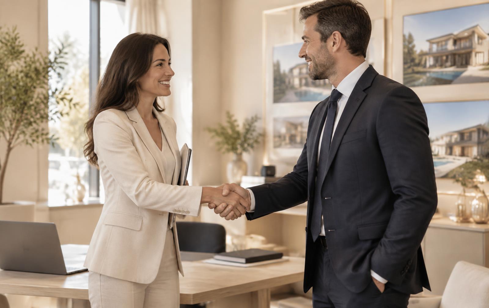 Poignée de main entre deux professionnels de l'immobilier dans une agence